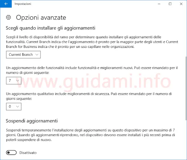 Windows 10 Impostazioni Sospendere aggiornamenti funzionalità.png