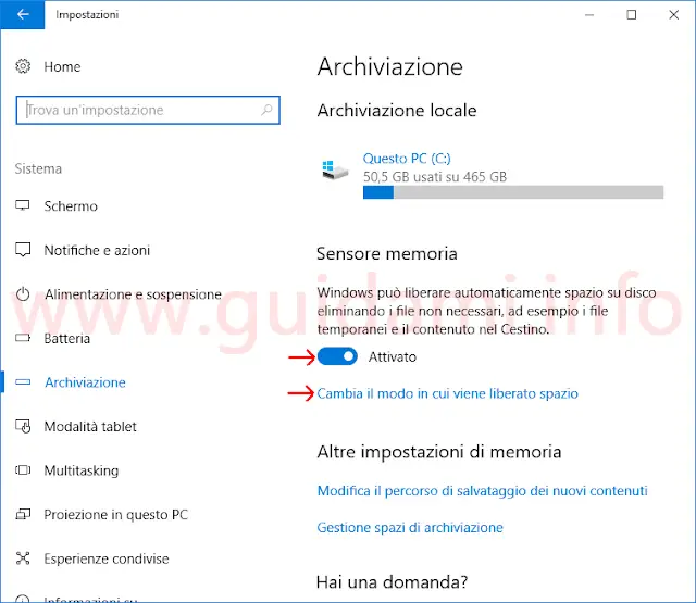 Windows 10 Impostazioni archiviazione Sensore memoria
