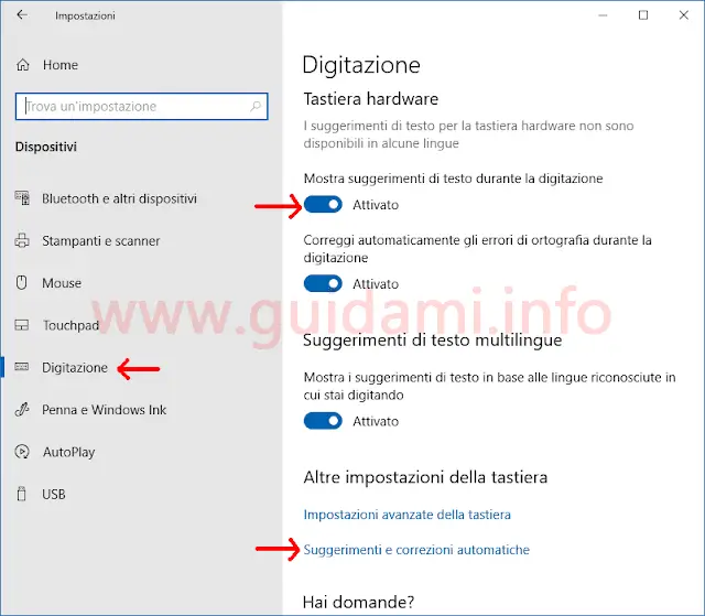 Windows 10 Impostazioni di Digitazione
