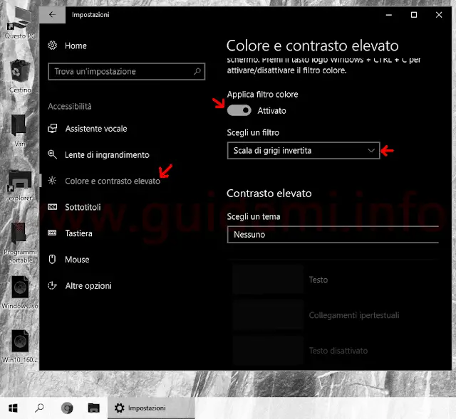 Windows 10 Impostazioni filtro colore e contrasto elevato