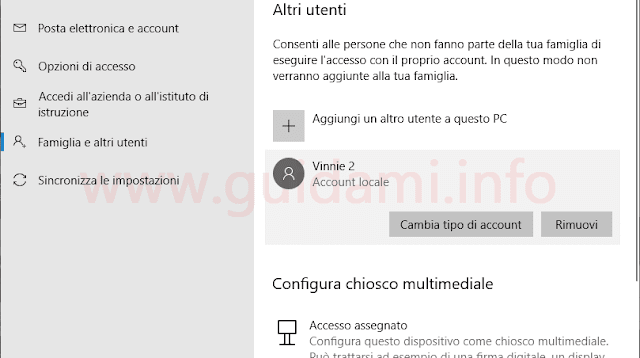 Windows 10 Impostazioni gestione account utente locale