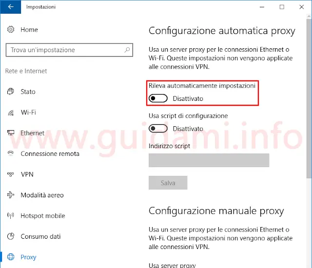 Windows 10 Impostazioni per disattivare WPAD