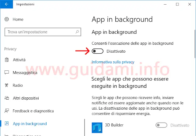 Windows 10 Impostazioni per disattivare app in background