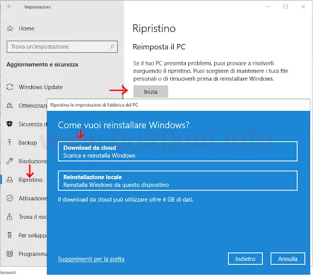 Windows 10 Impostazioni ripristino PC con Download da cloud