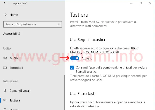 Windows 10 Impostazioni usa segnali acustici
