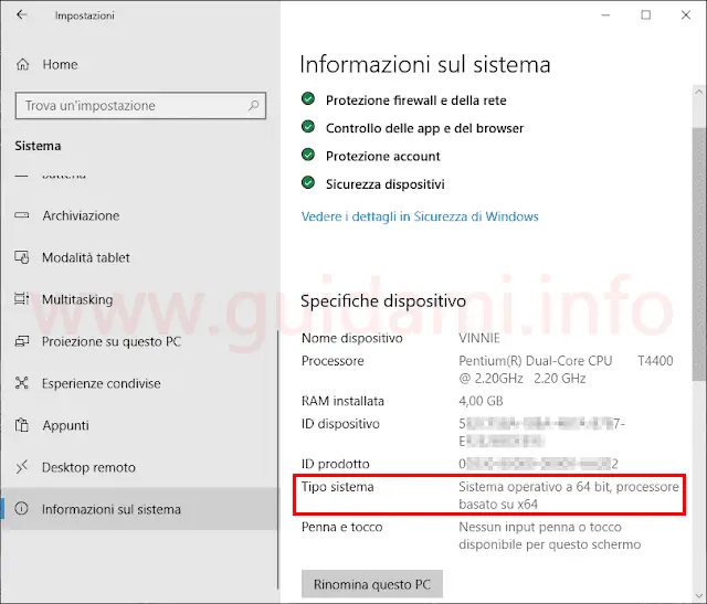 Windows 10 Impostazioni Informazioni sul sistema