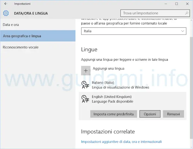 Windows 10 Opzioni language pack