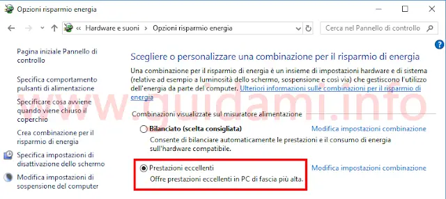 Windows 10 Opzioni risparmio energia con opzione Prestazioni eccellenti