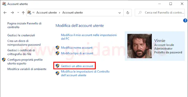 Windows 10 Pannello di controllo Modifica dell'account utente Gestisci un altro account