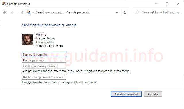 Windows 10 Pannello di controllo Modifica dell'account utente Modifica la password di