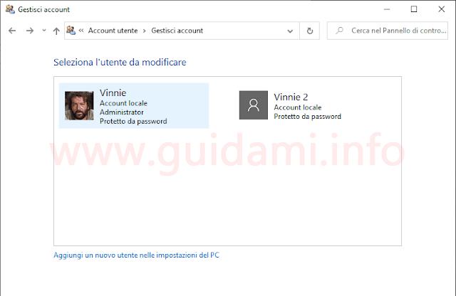 Windows 10 Pannello di controllo Modifica dell'account utente Seleziona l'utente da modificare
