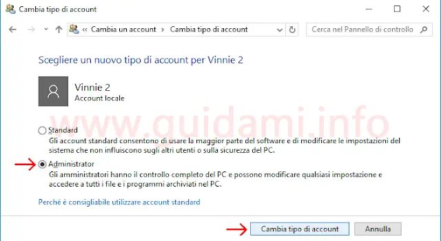 Windows 10 Pannello di controllo cambiare tipo di account da utente Standard a Amministratore