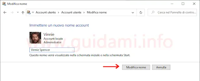 Windows 10 Pannello di controllo editor di modifica nome account