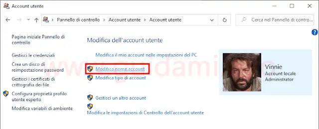 Windows 10 Pannello di controllo modifica nome account