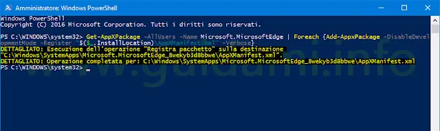 Windows 10 PowerShell operazione completata ripristino Microsoft Edge