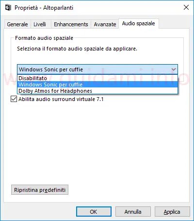 Windows 10 Proprietà Altoparlanti Formato audio spaziale