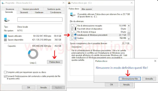 Windows 10 Pulizia file di sistema installazioni di Windows precedenti