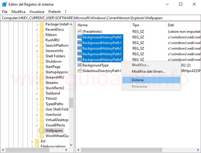 Windows 10 Registro di sistema cronologia sfondi desktop