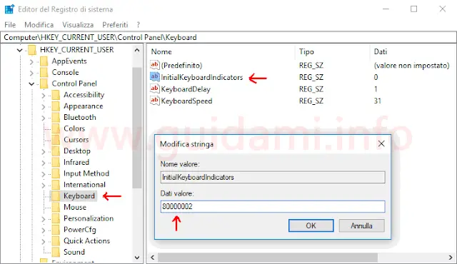 Windows 10 Registro di sistema modifica valore stringa Bloc Num