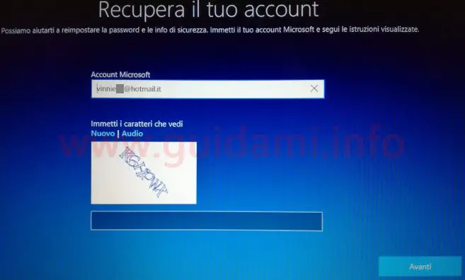 Windows 10 Reimpostazione password schermata Recupera il tuo account