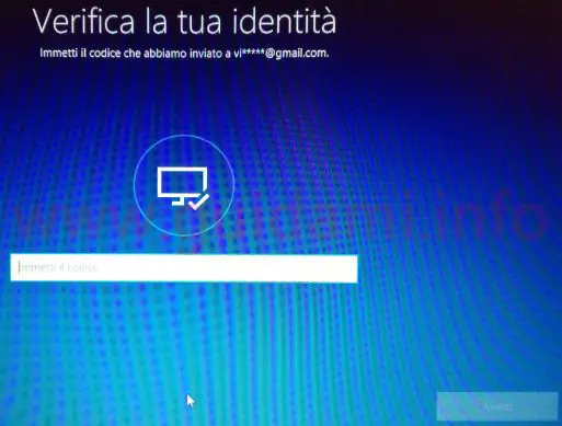 Windows 10 Reimpostazione password schermata Verifica la tua identità immetti codice
