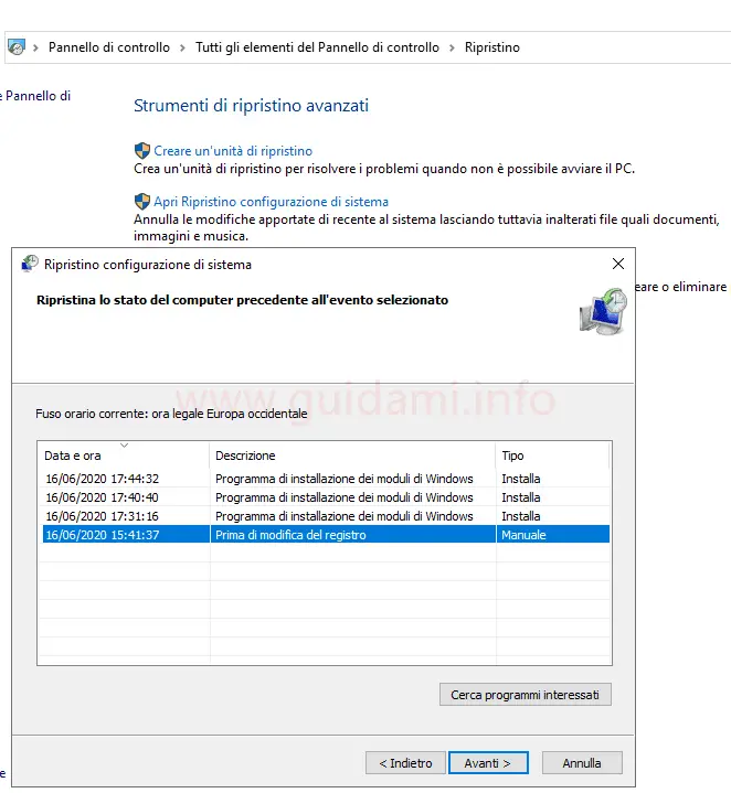 Windows 10 Ripristino configurazione di sistema