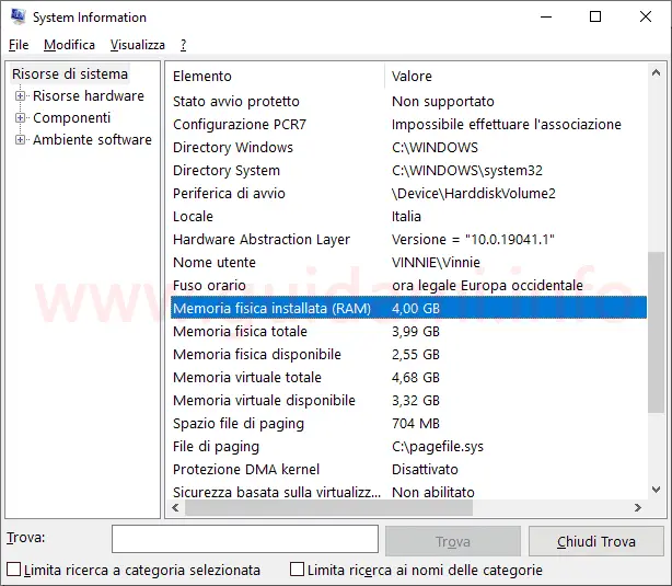 Windows 10 System Information dettaglio quantità memoria RAM installata