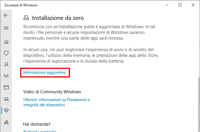 Windows 10 Windows Defender opzione Installazione da zero