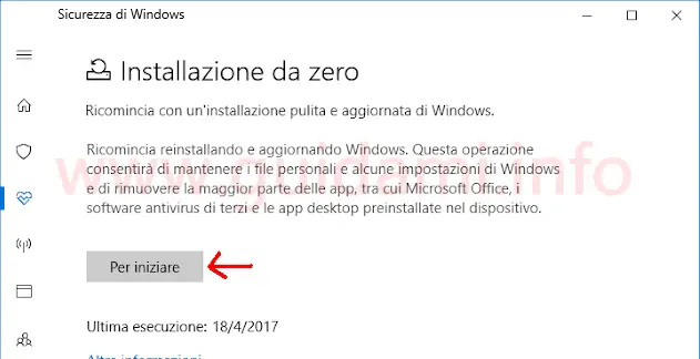 Windows 10 Windows Defender pulsante Per iniziare Installazione da zero
