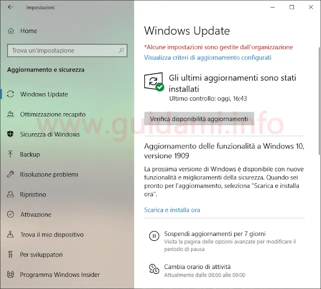 Windows 10 schermata di Windows Update con "Aggiornamento delle funzionalità a Windows 10, versione 1909"