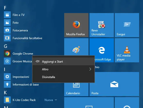 Windows 10 aggiungere programma a Start