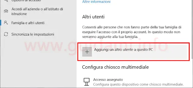 Windows 10 aggiungere un altro account utente