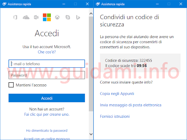Windows 10 app Assistenza rapida accesso con account Microsoft e codice sicurezza