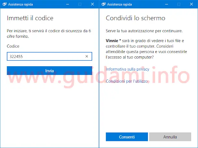 Windows 10 app Assistenza rapida immettere codice per connessione remota