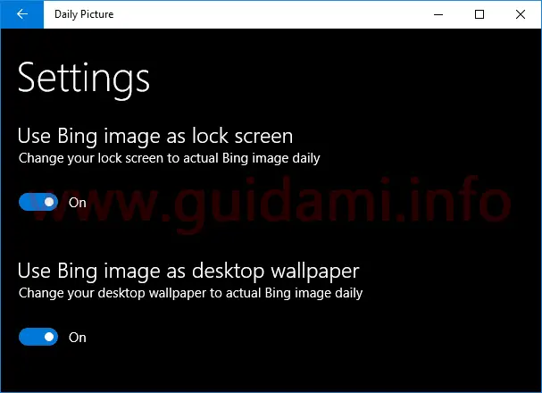Windows 10 app Daily Picture schermata Settings
