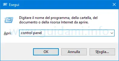 Windows 10 aprire Pannello di controllo da Esegui