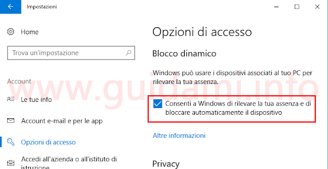 Windows 10 attivare il Blocco dinamico