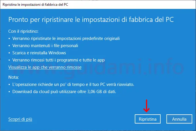 Windows 10 avviare ripristino PC con Download da cloud
