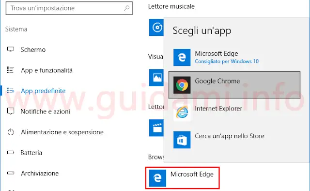 Windows 10 cambiare browser predefinito Edge