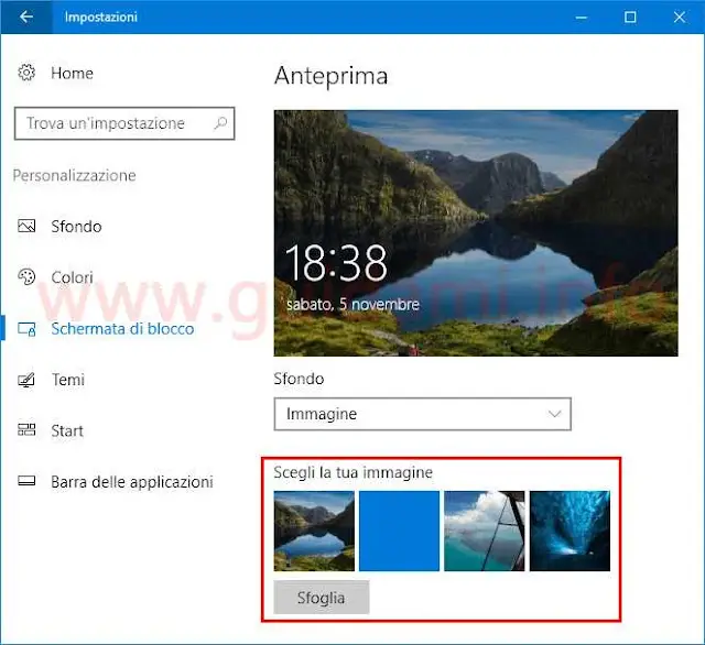 Windows 10 cambiare sfondo schermata di blocco e di accesso