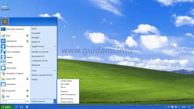 Windows 10 con menu Start e barra delle applicazioni di Windows XP
