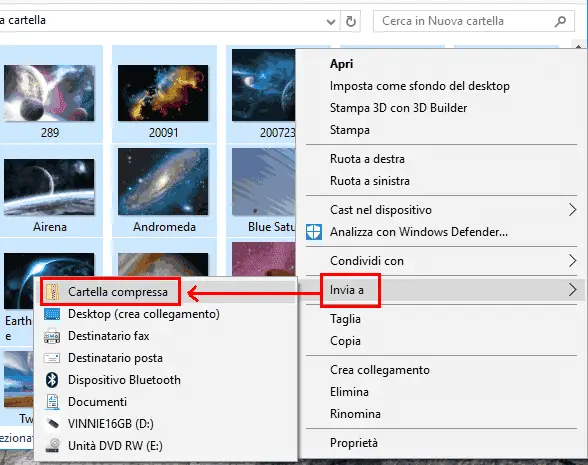 Windows 10 creare file ZIP da menu contestuale del mouse