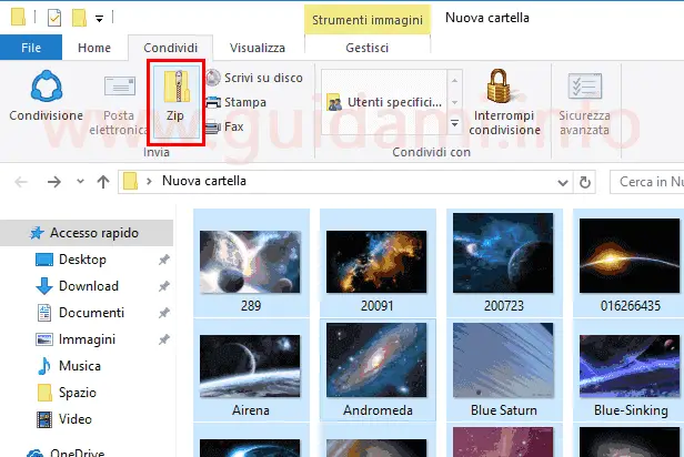 Windows 10 creare file ZIP da scheda Condividi Esplora file