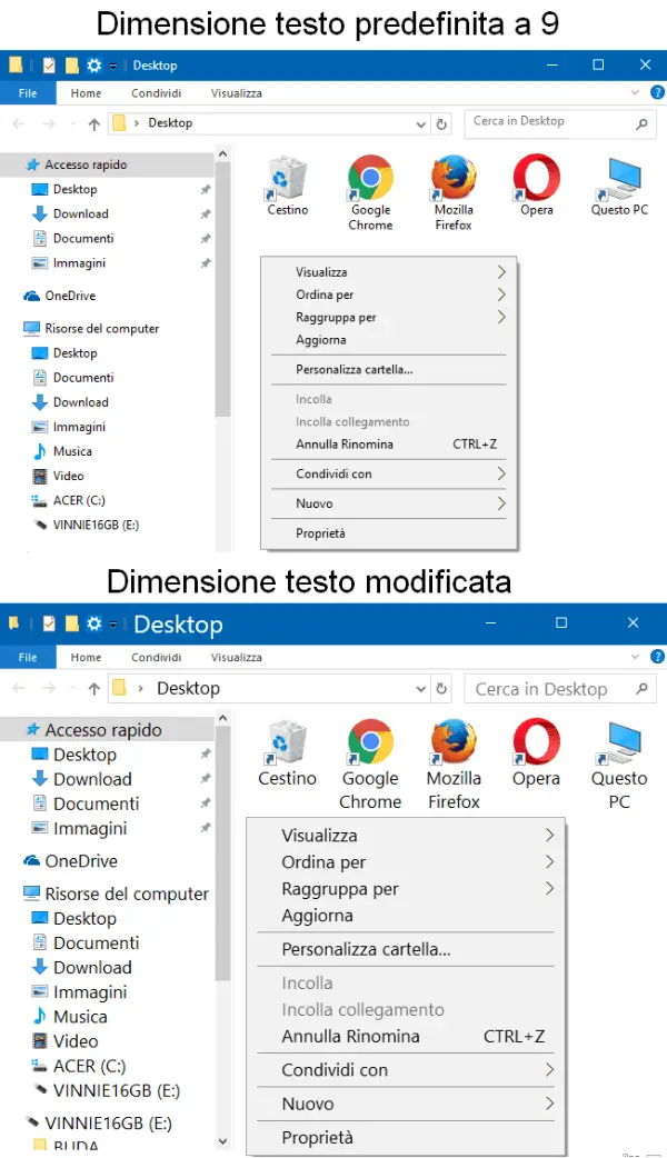 Windows 10 dimensione testo default e modificata