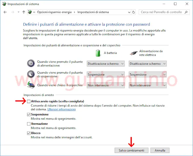 Windows 10 disattivare Avvio rapido da Pannello di controllo