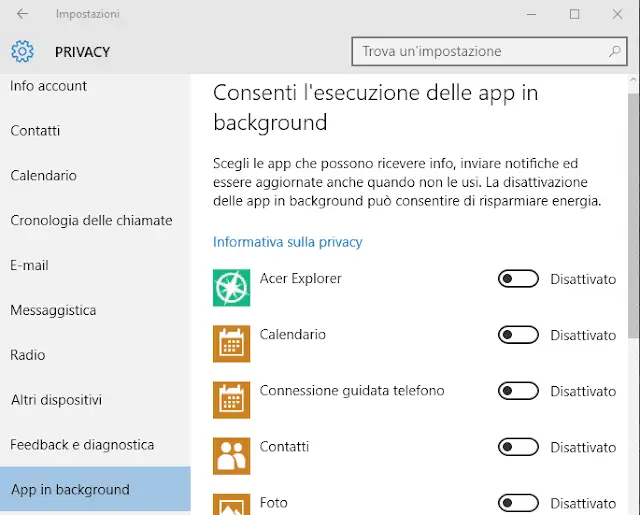 Windows 10 disattivare app in background