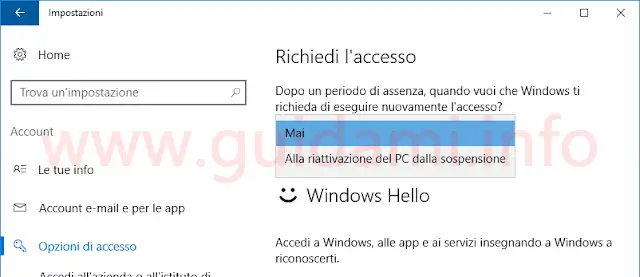 Windows 10 disattivare richiesta password riattivazione PC dopo la sospensione