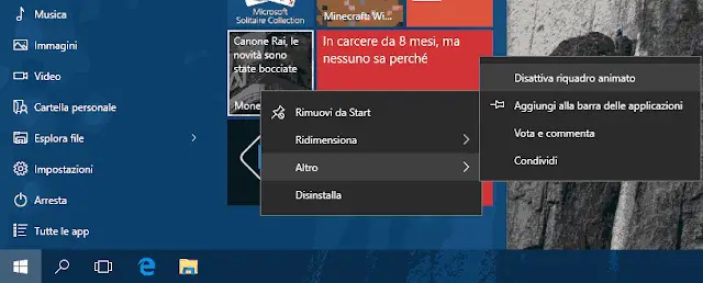 Windows 10 disattivare riquadro animato app
