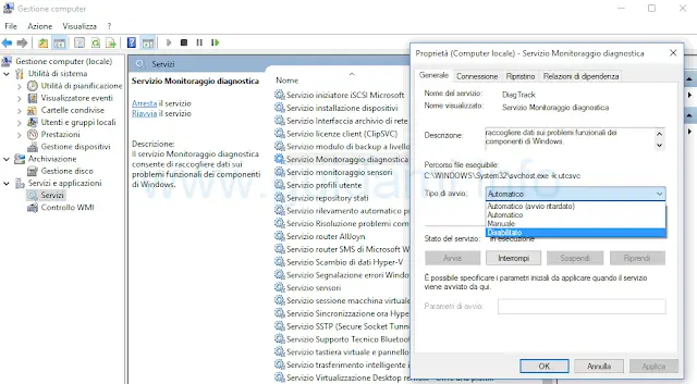 Windows 10 disattivare servizio monitoraggio diagnostica
