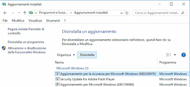 Windows 10 disinstallare aggiornamenti